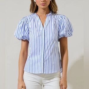 Sugarlips 100% Cotton White and Blue Striped Puff Sleeve Blouse Size Medium